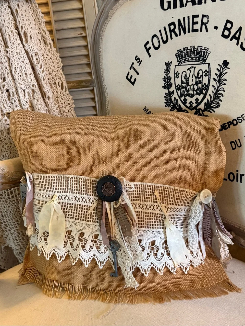 Boho Burlap Decorative Pillow with Lace Trim and Tassels - Neutral